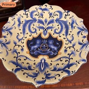 Antique Italian Yellow and Blue Compote Centerpiece Featuring Lions